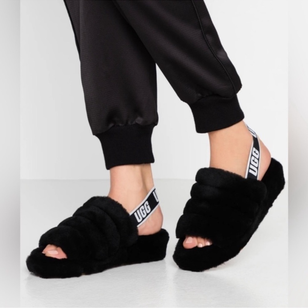 NIB Ugg Fluff Yeah Black Slide Sandals Slippers Authentic with box size 8 NEW